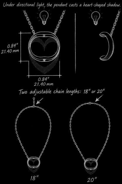A technical product sketch of a ring-shaped pendant necklace on a black background. The diagram illustrates how the pendant casts a heart-shaped shadow under directional light, and displays front and side views with dimensions (0.84" / 21.40 mm). It also shows two adjustable chain length options of 18 inches and 20 inches.